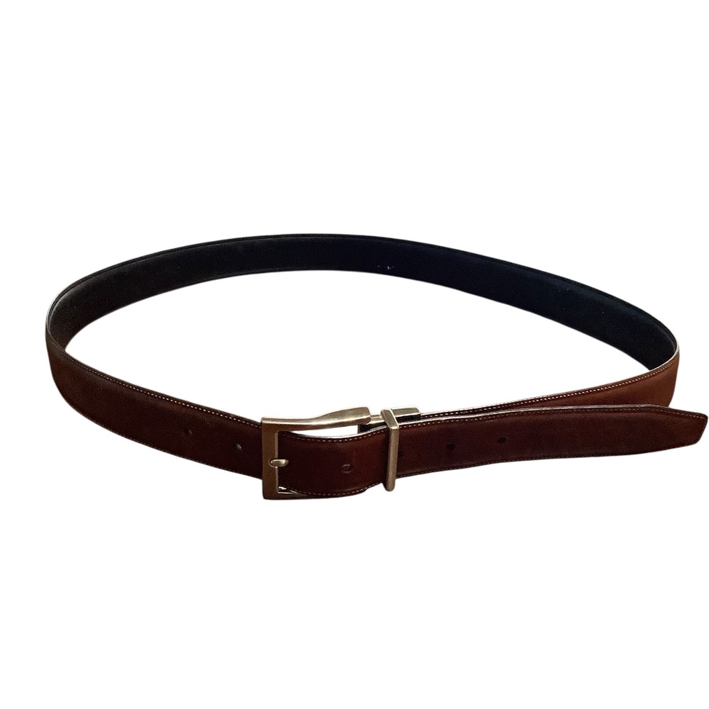 Perry Ellis Mens Brown Leather Belt Silver Buckle Size 36 90 Stitching